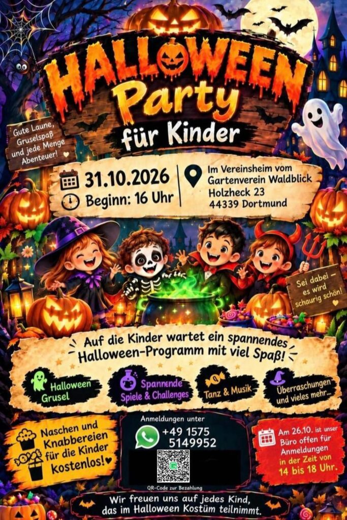 Helloween Party, 
am 30.10.2026 
im Gv Waldblick, Holzheck 23, 44339 Dortmund 

🎙️ Hallo, liebe Kinder und Eltern! 🎃👻

Seid ihr bereit für eine tolle Halloween-Party mit jeder Menge Spaß und ein bisschen Grusel? Dann aufgepasst!

Am Freitag, den 30. Oktober 2026, feiern wir ab 16 Uhr unsere große Halloween-Party für Kinder!

Euch erwarten ein spannendes Programm, leckere Getränke, Knabbereien und viele tolle Überraschungen. Natürlich dürfen gruselige Kostüme und jede Menge Halloween-Spaß nicht fehlen!

Und das Beste: Eintrittskarten gibt es schon ab 5 Euro!

Also schnappt euch eure Kostüme, verwandelt euch in kleine Hexen, Vampire oder Gespenster und kommt vorbei!

Wir freuen uns auf euch und auf eine schaurig-schöne Halloween-Party mit viel Spaß, Lachen und Grusel!

Also merkt euch den Termin: 30. Oktober 2026, ab 16 Uhr!

Wir sehen uns – wenn ihr euch traut!
! 🎃👻
